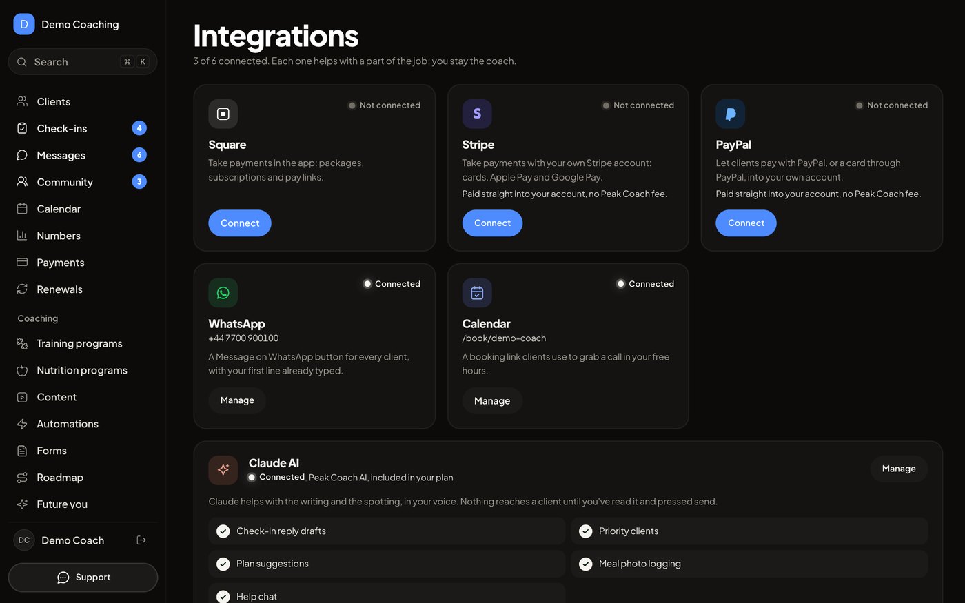 Integrations: your own Square, Stripe or PayPal, WhatsApp, calendar and Claude