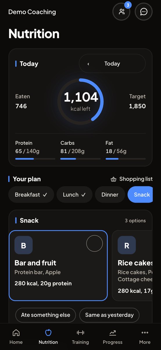 Nutrition with the calories ring and today's macros