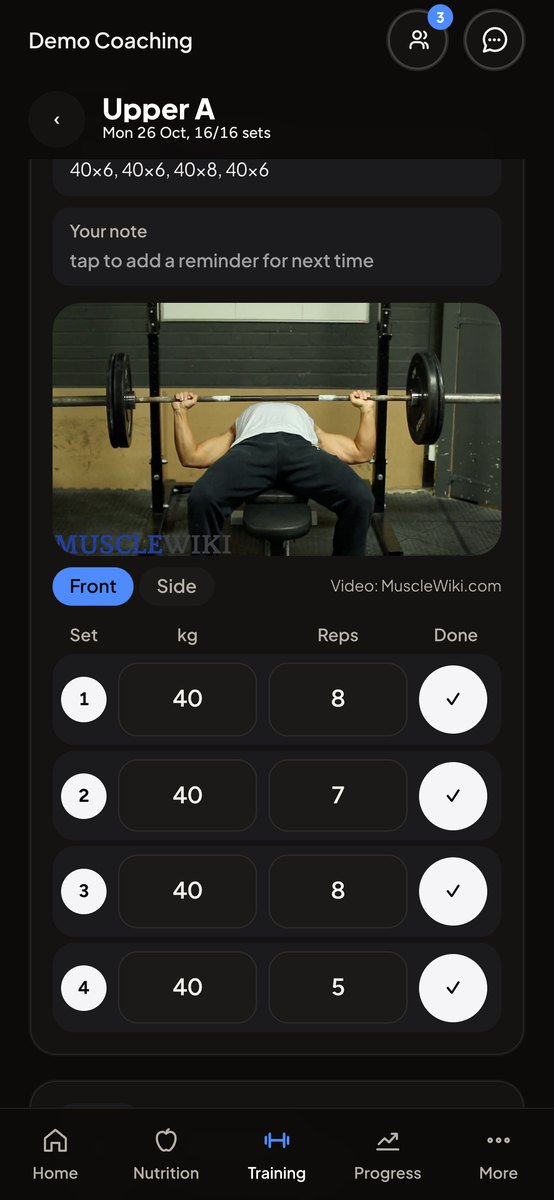 A workout with the exercise video playing, front and side views, and sets logged underneath
