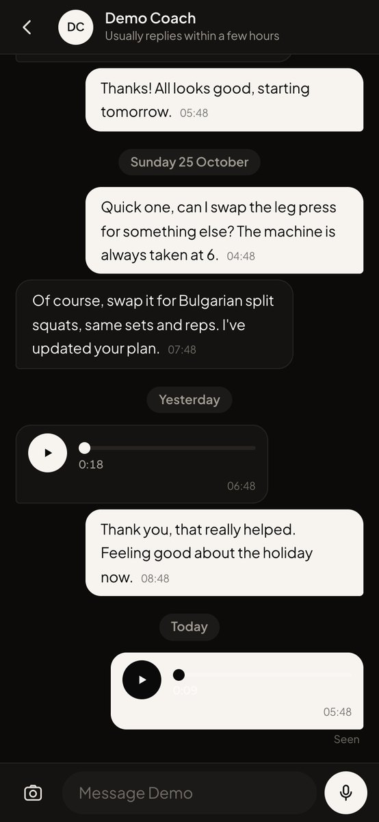 Messages with the coach, voice notes included